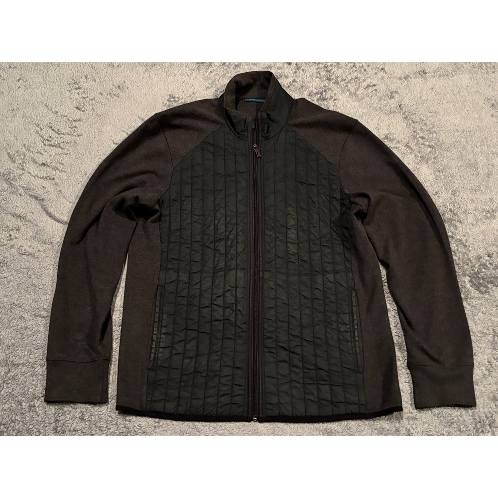 Perry Ellis Bomber Jacket Mens Medium Black Knitted Mock Neck Full Zip Quilted